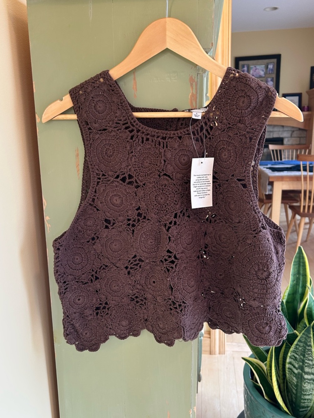 Evereve Hand Crochet Cotton Floral Lace Sleeveless Tank Brown Boho Sz Large NWT - Picture 15 of 16